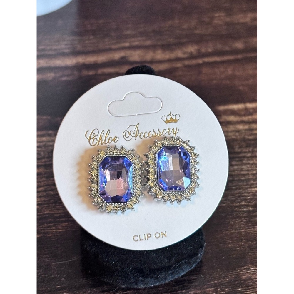 Chloe Accessory Purple Blue Crystal Rhinestone Halo Clip On Earrings Silver Tone